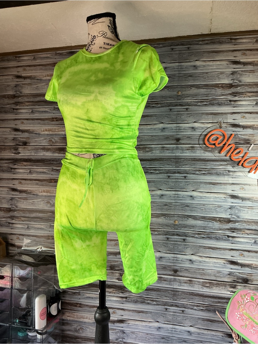⭐ Neon Lime Tie Dye Biker Short Set Two Piece Lounge Outfit